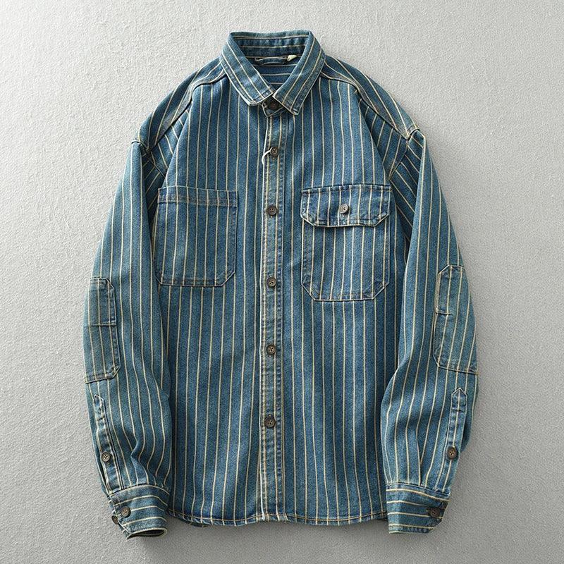 Retro Japanese Sle Men's Denim irt Cotton Long Sve Waed Striped Workwear Loose Fit Outerwear Faion Urban Youth - Image 4
