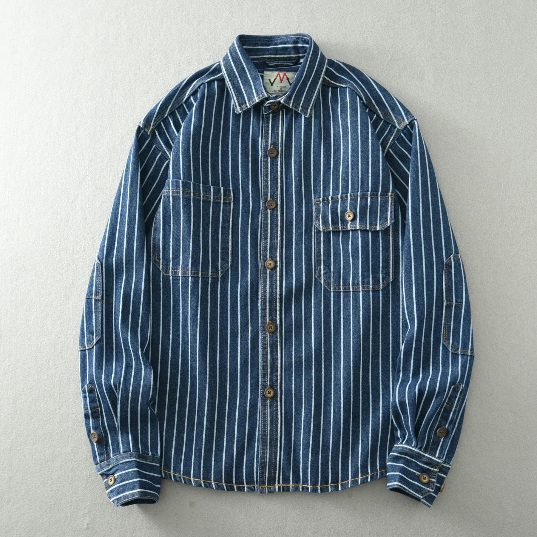 Retro Japanese Sle Men's Denim irt Cotton Long Sve Waed Striped Workwear Loose Fit Outerwear Faion Urban Youth - Image 5