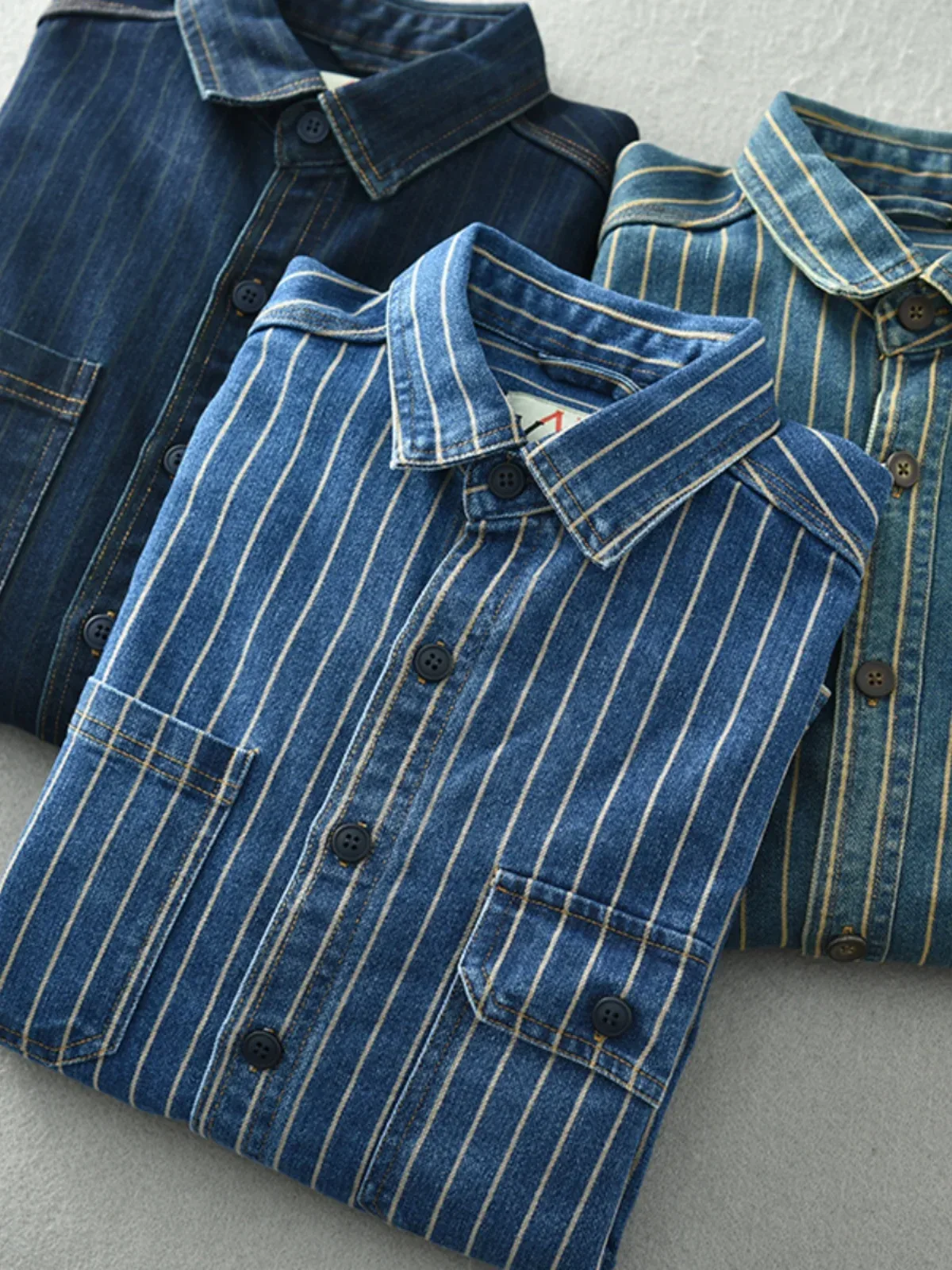 Retro Japanese Sle Men's Denim irt Cotton Long Sve Waed Striped Workwear Loose Fit Outerwear Faion Urban Youth - Image 6