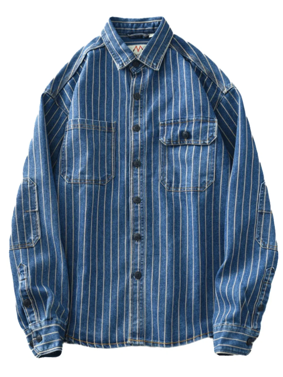 Retro Japanese Sle Men's Denim irt Cotton Long Sve Waed Striped Workwear Loose Fit Outerwear Faion Urban Youth - Image 7