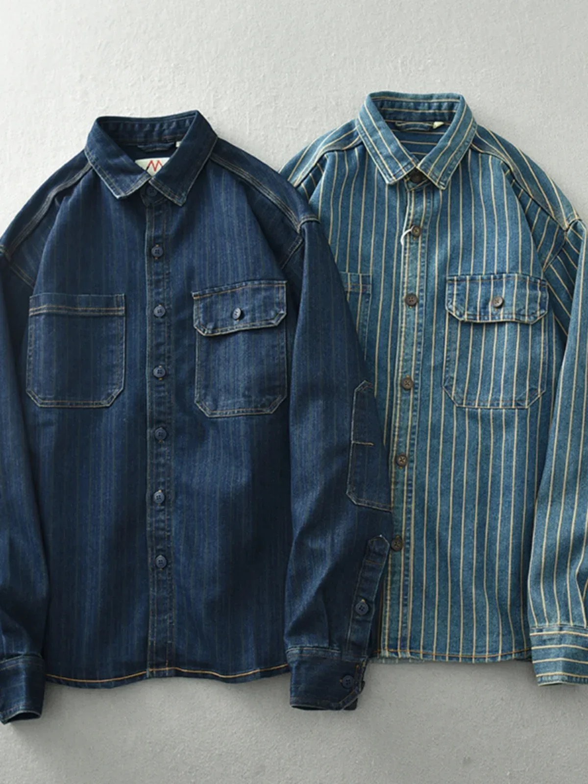 Retro Japanese Sle Men's Denim irt Cotton Long Sve Waed Striped Workwear Loose Fit Outerwear Faion Urban Youth - Image 8