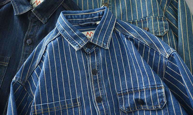 Retro Japanese Sle Men's Denim irt Cotton Long Sve Waed Striped Workwear Loose Fit Outerwear Faion Urban Youth - Image 9