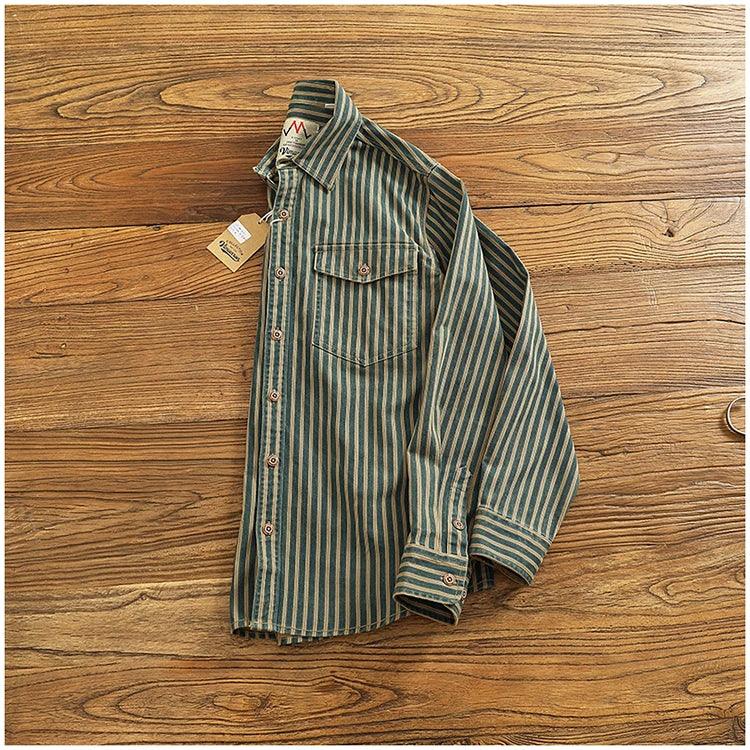 Retro Waed Distred Blue Vertical Stripe Trendy Denim irt Men's Loose American Long Sve Workwear irt Coat - Image 10