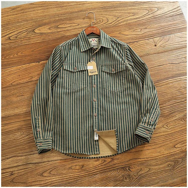 Retro Waed Distred Blue Vertical Stripe Trendy Denim irt Men's Loose American Long Sve Workwear irt Coat - Image 11