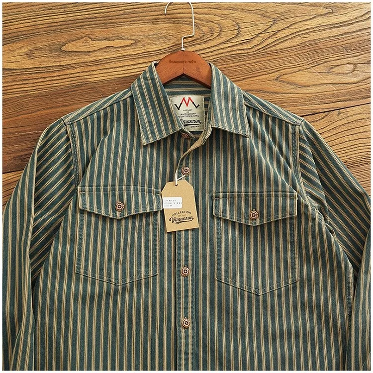 Retro Waed Distred Blue Vertical Stripe Trendy Denim irt Men's Loose American Long Sve Workwear irt Coat - Image 12