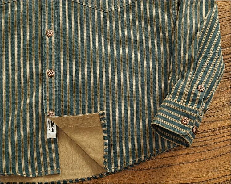 Retro Waed Distred Blue Vertical Stripe Trendy Denim irt Men's Loose American Long Sve Workwear irt Coat - Image 13