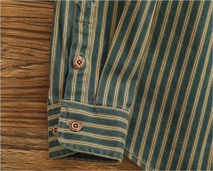 Retro Waed Distred Blue Vertical Stripe Trendy Denim irt Men's Loose American Long Sve Workwear irt Coat - Image 14