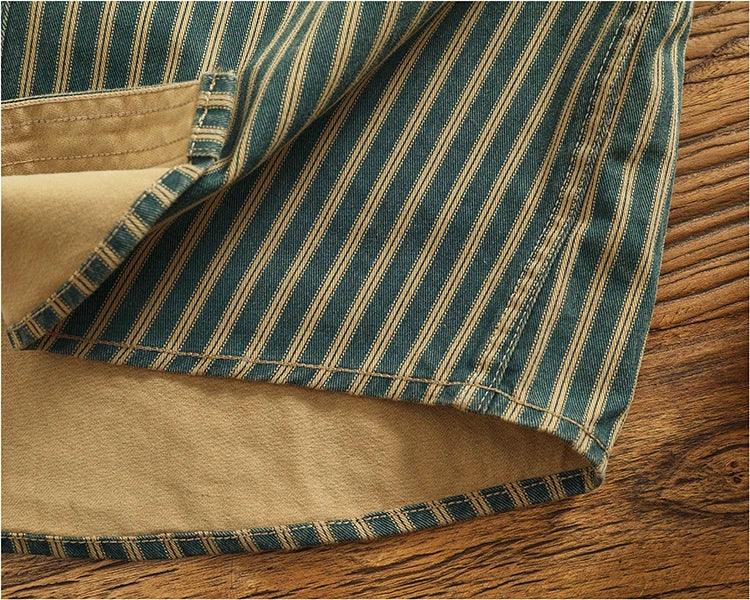 Retro Waed Distred Blue Vertical Stripe Trendy Denim irt Men's Loose American Long Sve Workwear irt Coat - Image 18