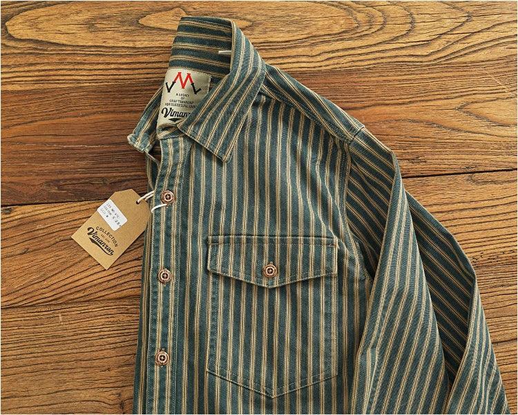 Retro Waed Distred Blue Vertical Stripe Trendy Denim irt Men's Loose American Long Sve Workwear irt Coat - Image 19