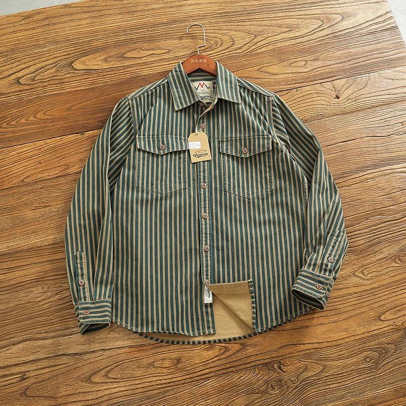 Retro Waed Distred Blue Vertical Stripe Trendy Denim irt Men's Loose American Long Sve Workwear irt Coat - Image 2
