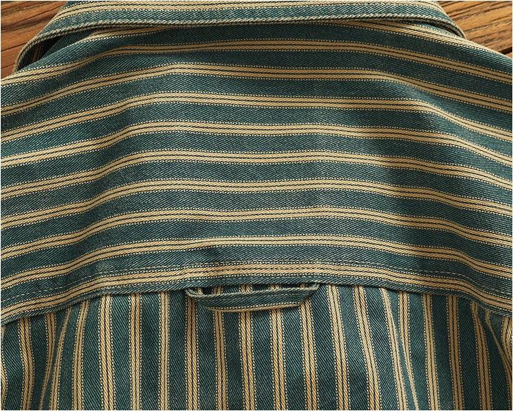 Retro Waed Distred Blue Vertical Stripe Trendy Denim irt Men's Loose American Long Sve Workwear irt Coat - Image 21