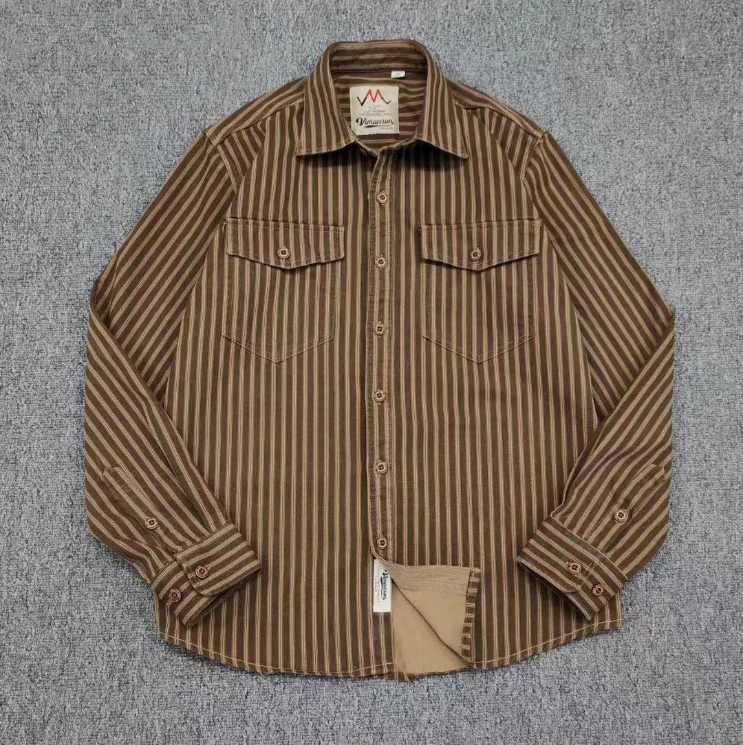 Retro Waed Distred Blue Vertical Stripe Trendy Denim irt Men's Loose American Long Sve Workwear irt Coat - Image 24