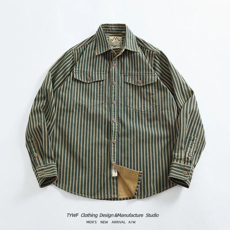 Retro Waed Distred Blue Vertical Stripe Trendy Denim irt Men's Loose American Long Sve Workwear irt Coat - Image 25