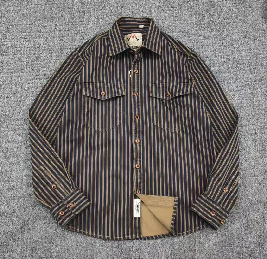 Retro Waed Distred Blue Vertical Stripe Trendy Denim irt Men's Loose American Long Sve Workwear irt Coat - Image 26