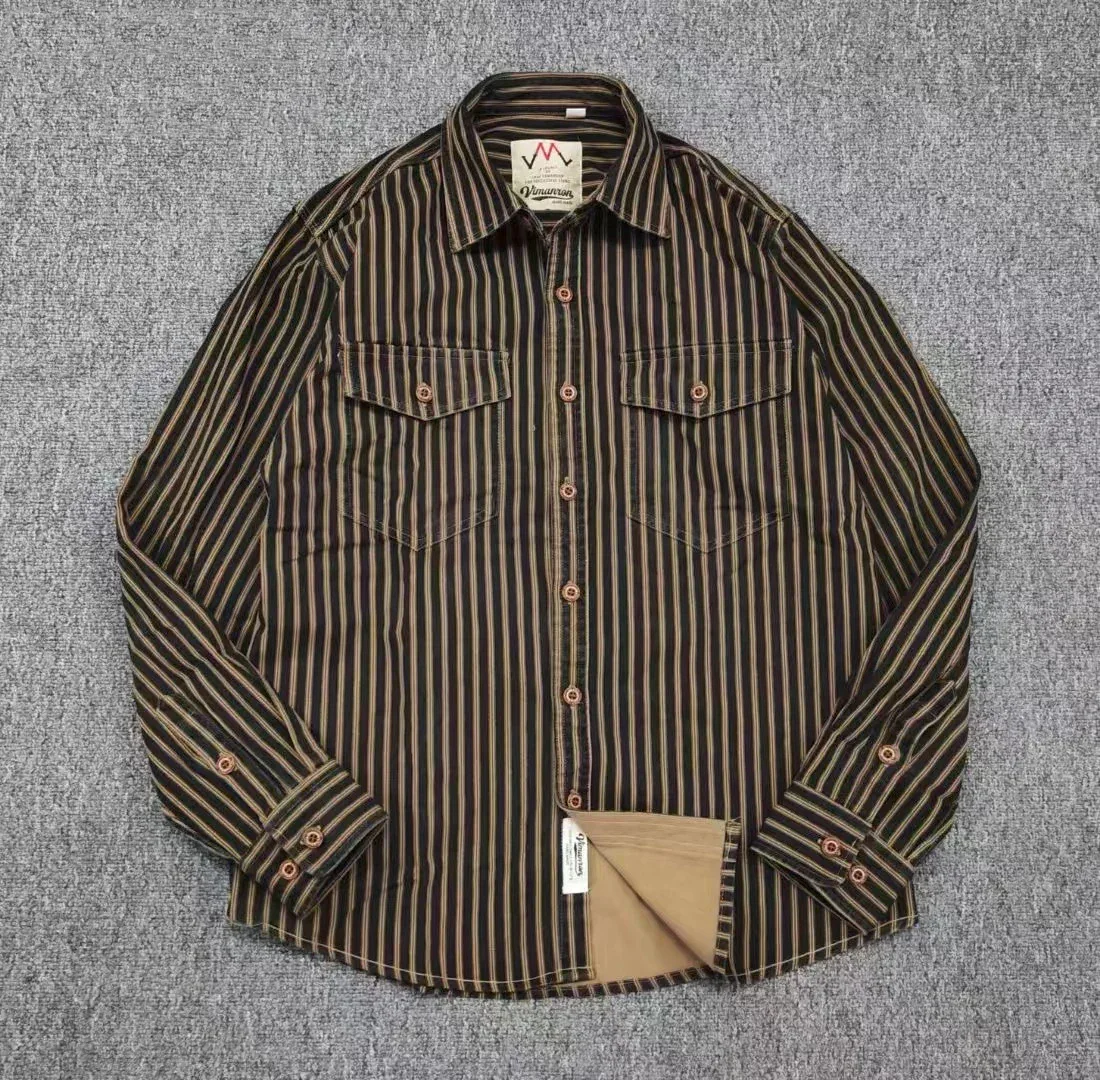 Retro Waed Distred Blue Vertical Stripe Trendy Denim irt Men's Loose American Long Sve Workwear irt Coat - Image 27