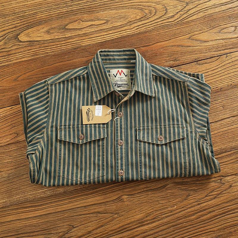 Retro Waed Distred Blue Vertical Stripe Trendy Denim irt Men's Loose American Long Sve Workwear irt Coat - Image 3
