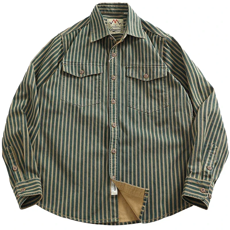 Retro Waed Distred Blue Vertical Stripe Trendy Denim irt Men's Loose American Long Sve Workwear irt Coat - Image 4