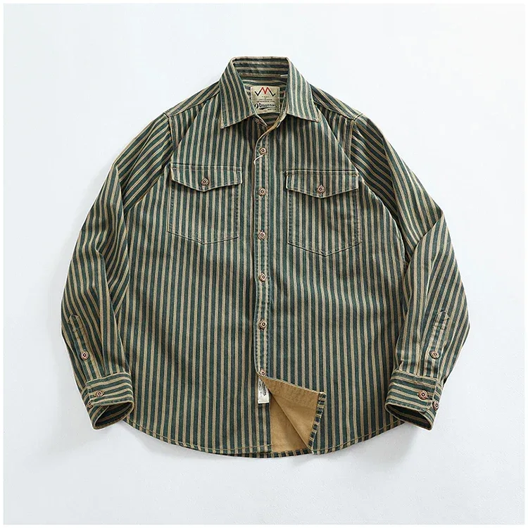 Retro Waed Distred Blue Vertical Stripe Trendy Denim irt Men's Loose American Long Sve Workwear irt Coat - Image 5