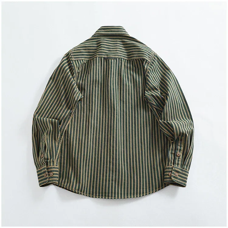 Retro Waed Distred Blue Vertical Stripe Trendy Denim irt Men's Loose American Long Sve Workwear irt Coat - Image 6