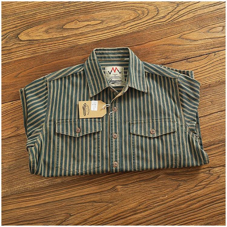 Retro Waed Distred Blue Vertical Stripe Trendy Denim irt Men's Loose American Long Sve Workwear irt Coat - Image 9