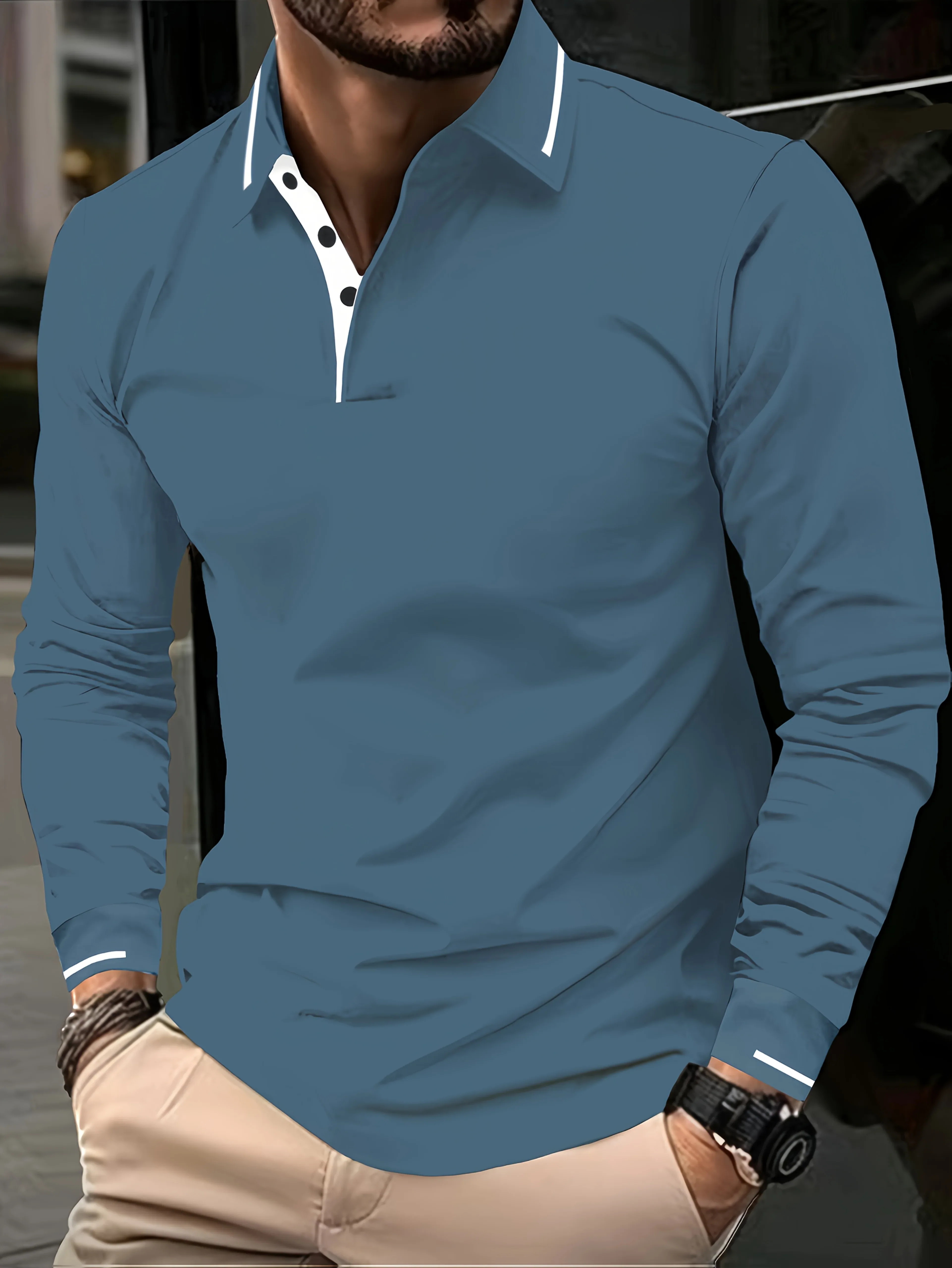 Ribbed Stretch Long Sleeve Polo