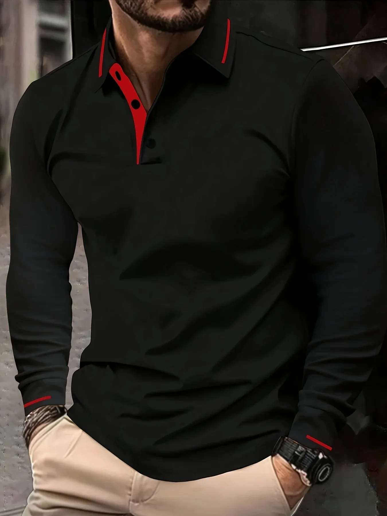 Ribbed Stretch Long Sleeve Polo - Image 2