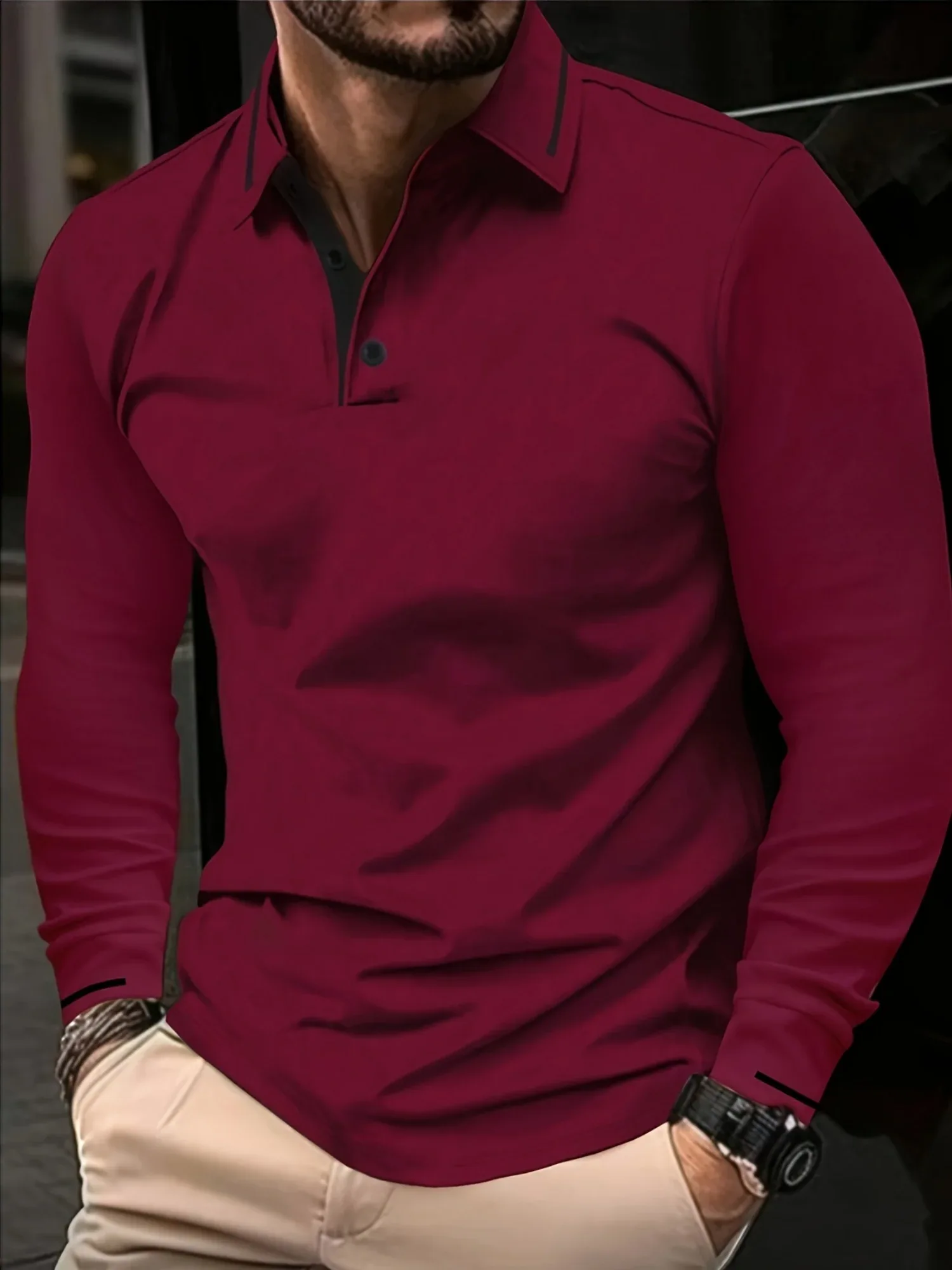 Ribbed Stretch Long Sleeve Polo - Image 4
