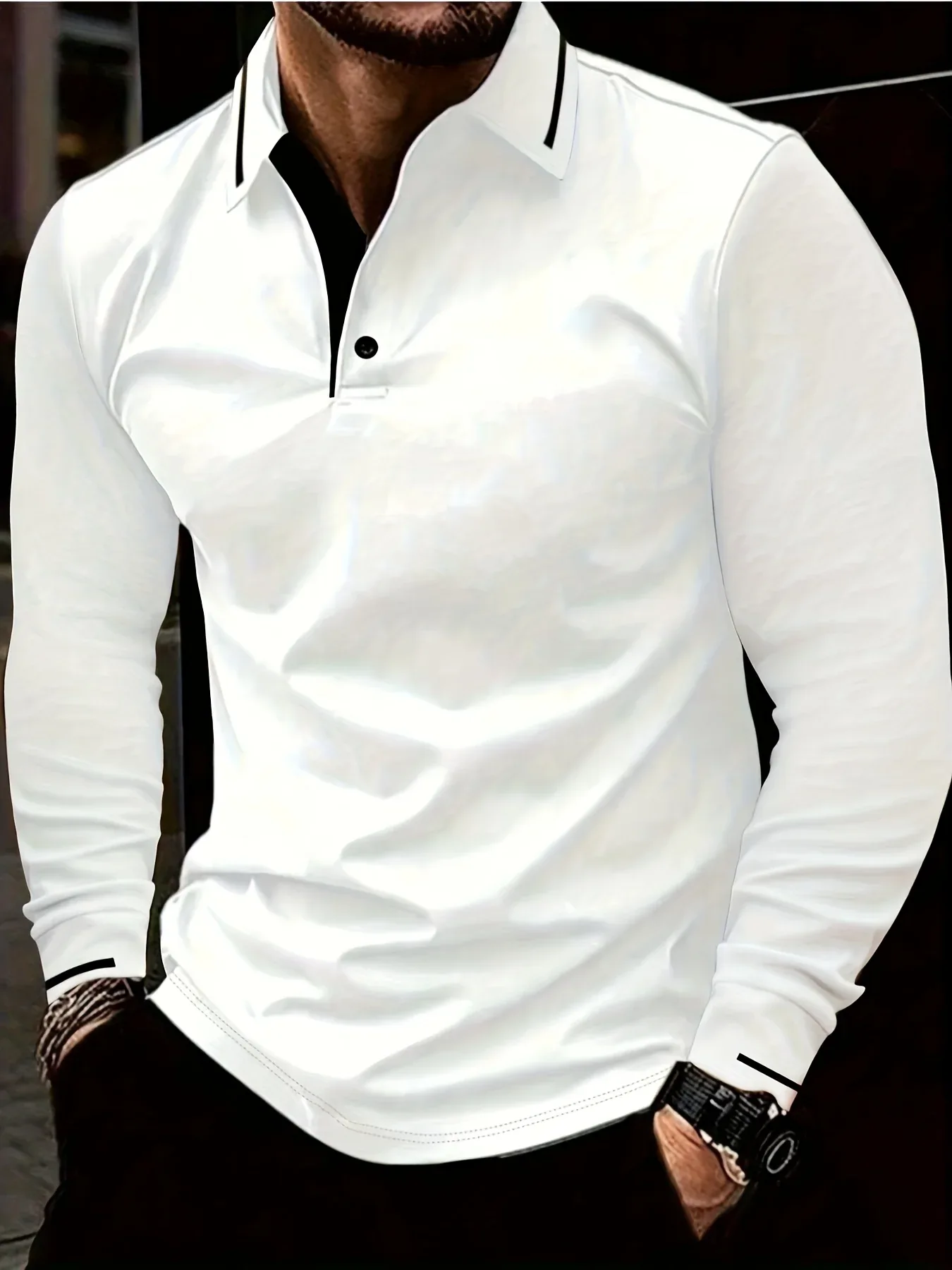 Ribbed Stretch Long Sleeve Polo - Image 5