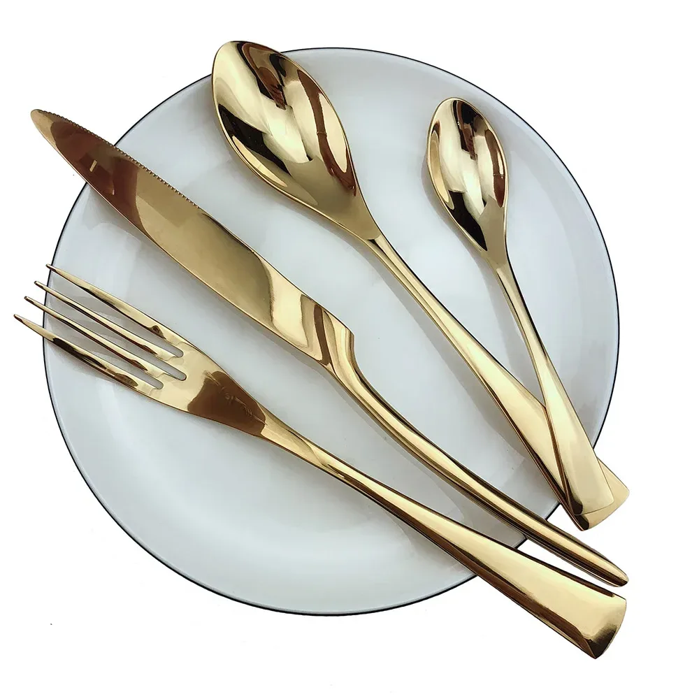 Set of 4 Luxury Shiny Mirror Champagne Knife Fork Spoon Cutlery Dinnerware Set 304 Stainless Steel Flatware Silverware Sets - Image 2