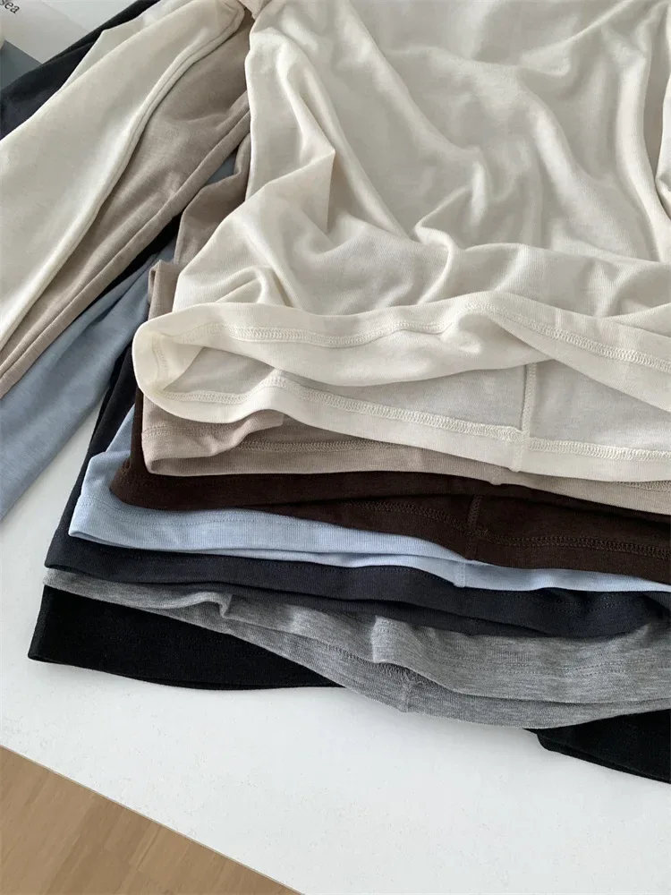 Silk Wool Splice Long Sleeve T-shirt Women Spring Summer Thin Soft Waxy Fit Solid Color Backing Top - Image 10