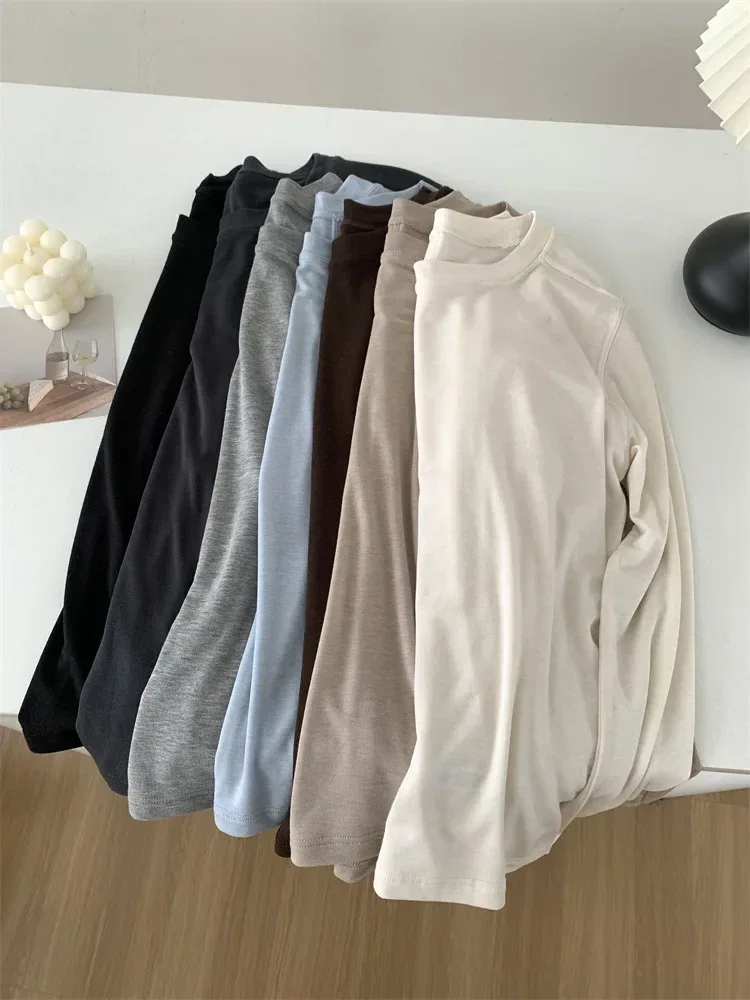 Silk Wool Splice Long Sleeve T-shirt Women Spring Summer Thin Soft Waxy Fit Solid Color Backing Top - Image 12