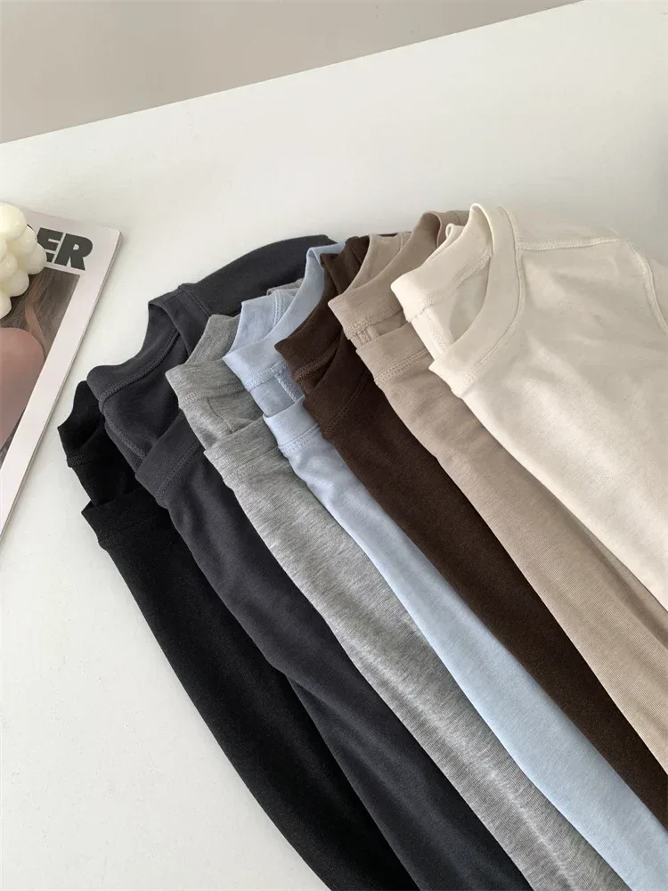Silk Wool Splice Long Sleeve T-shirt Women Spring Summer Thin Soft Waxy Fit Solid Color Backing Top - Image 13