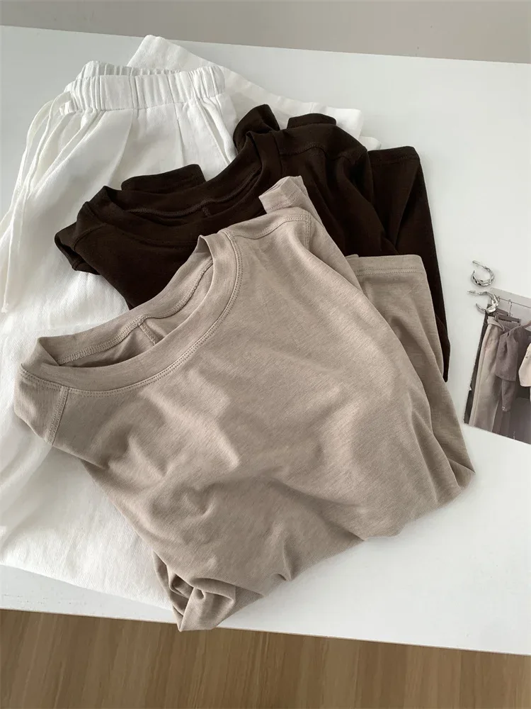 Silk Wool Splice Long Sleeve T-shirt Women Spring Summer Thin Soft Waxy Fit Solid Color Backing Top - Image 15