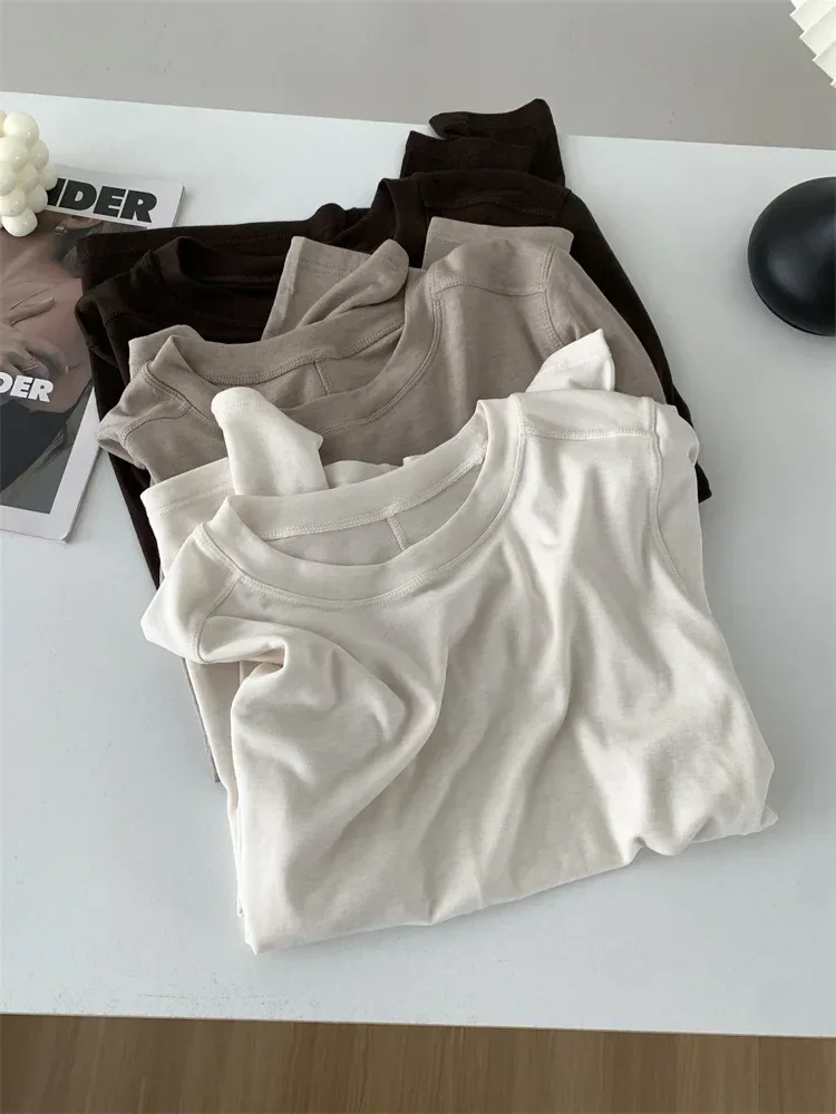 Silk Wool Splice Long Sleeve T-shirt Women Spring Summer Thin Soft Waxy Fit Solid Color Backing Top - Image 16