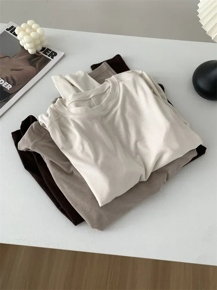 Silk Wool Splice Long Sleeve T-shirt Women Spring Summer Thin Soft Waxy Fit Solid Color Backing Top - Image 17