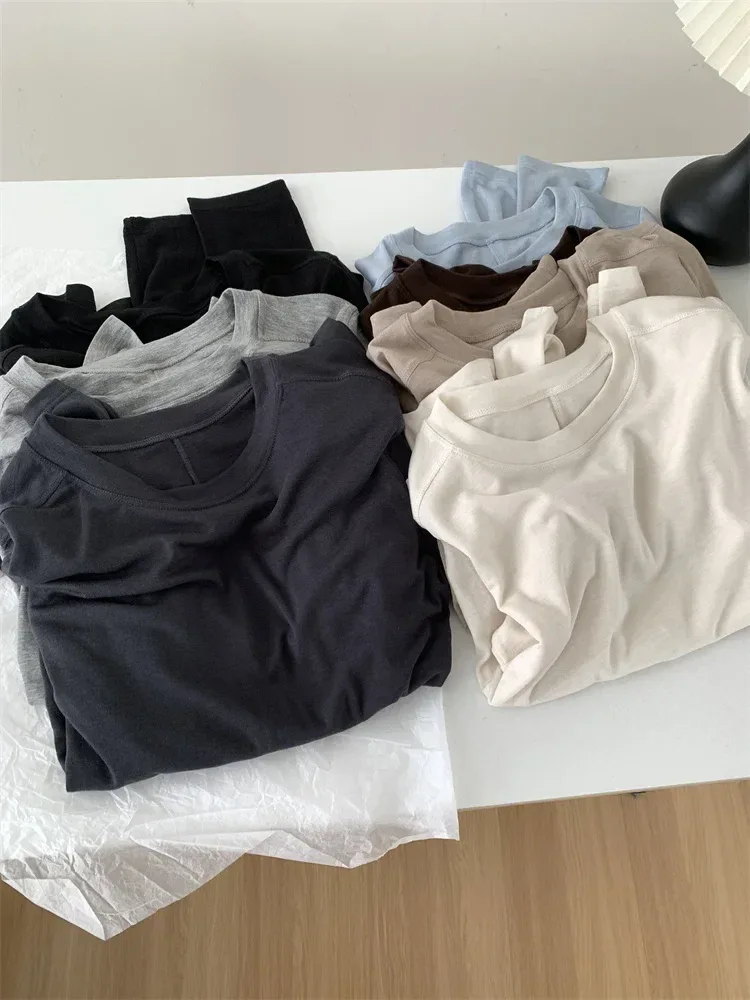 Silk Wool Splice Long Sleeve T-shirt Women Spring Summer Thin Soft Waxy Fit Solid Color Backing Top - Image 18