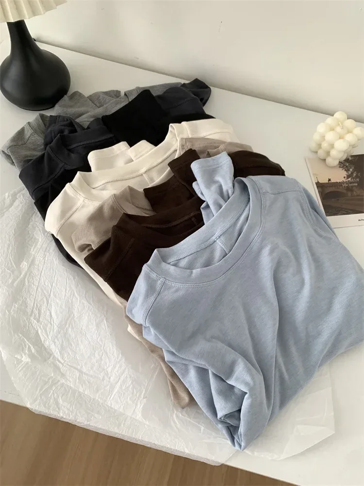 Silk Wool Splice Long Sleeve T-shirt Women Spring Summer Thin Soft Waxy Fit Solid Color Backing Top - Image 19