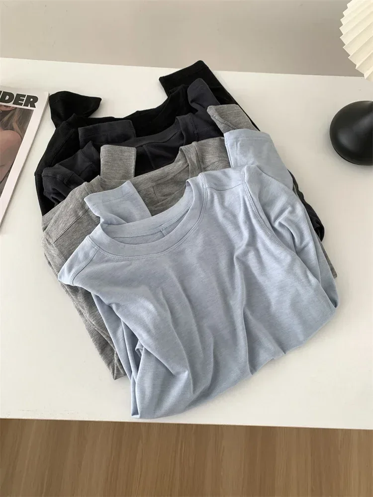 Silk Wool Splice Long Sleeve T-shirt Women Spring Summer Thin Soft Waxy Fit Solid Color Backing Top - Image 2