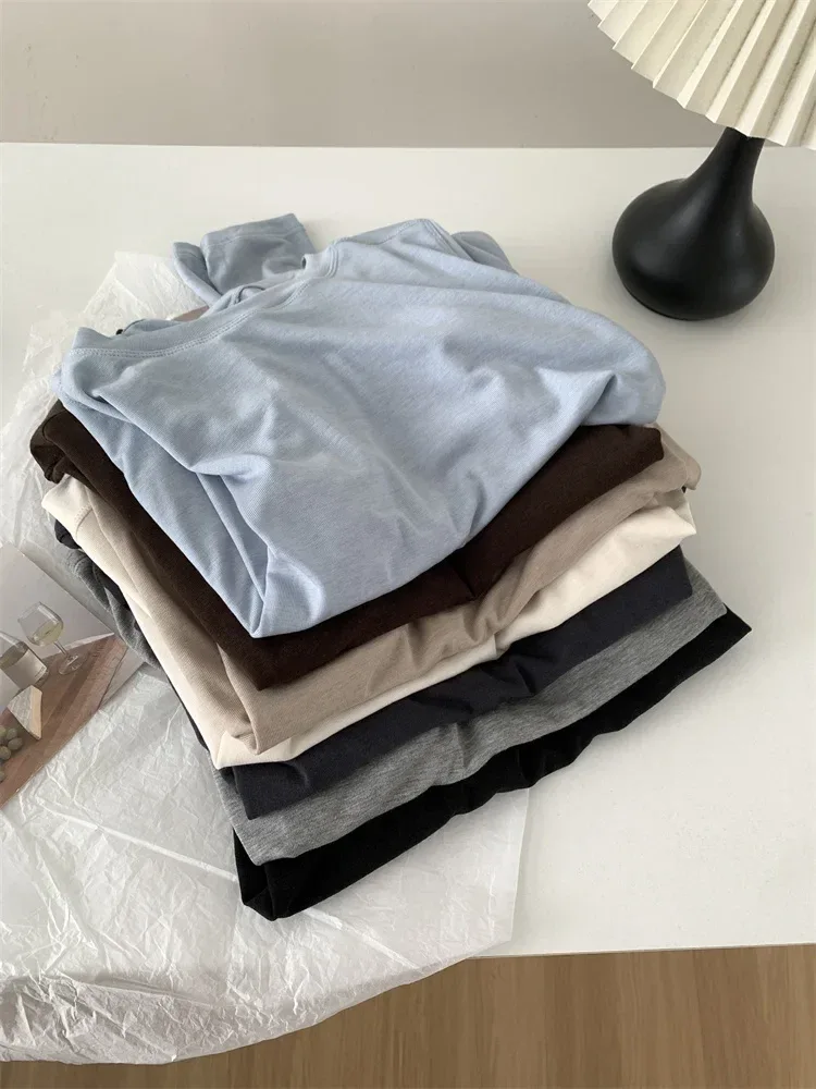Silk Wool Splice Long Sleeve T-shirt Women Spring Summer Thin Soft Waxy Fit Solid Color Backing Top - Image 20