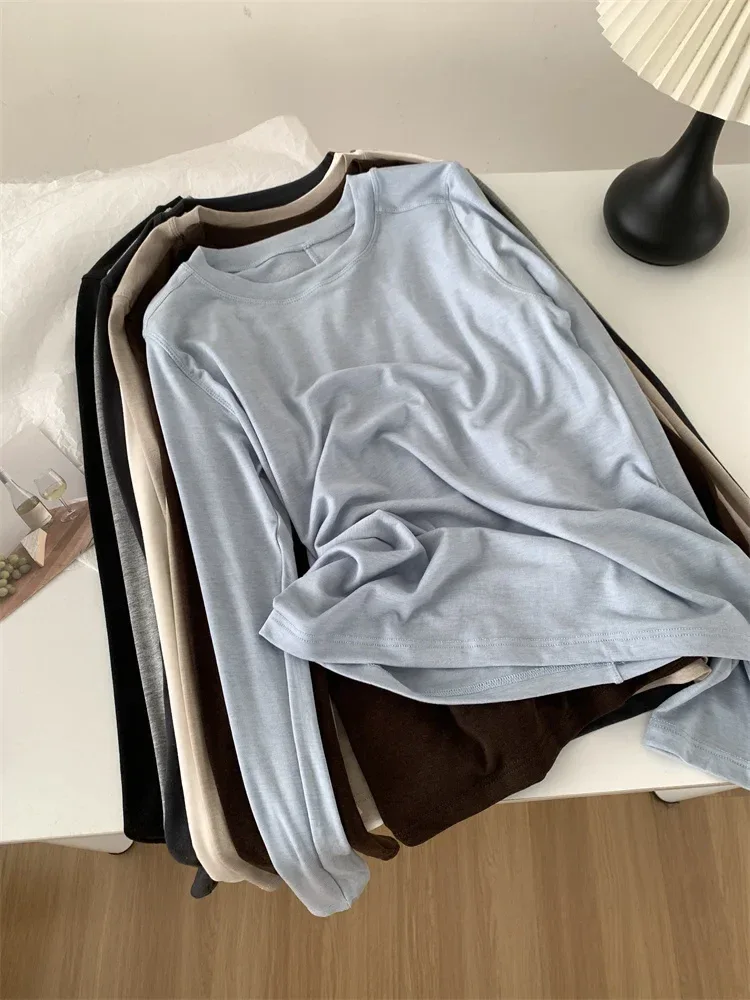 Silk Wool Splice Long Sleeve T-shirt Women Spring Summer Thin Soft Waxy Fit Solid Color Backing Top - Image 21