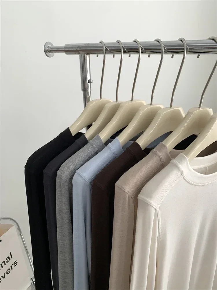 Silk Wool Splice Long Sleeve T-shirt Women Spring Summer Thin Soft Waxy Fit Solid Color Backing Top - Image 22