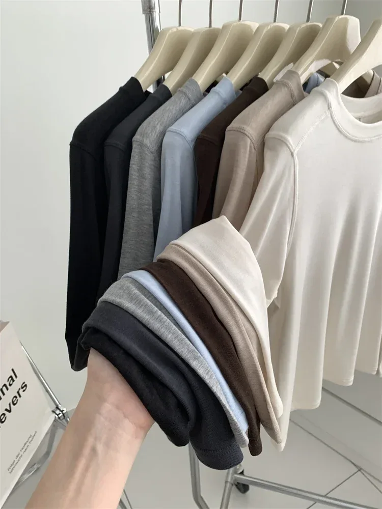 Silk Wool Splice Long Sleeve T-shirt Women Spring Summer Thin Soft Waxy Fit Solid Color Backing Top - Image 23
