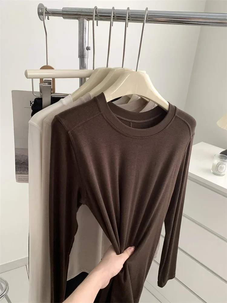 Silk Wool Splice Long Sleeve T-shirt Women Spring Summer Thin Soft Waxy Fit Solid Color Backing Top - Image 24