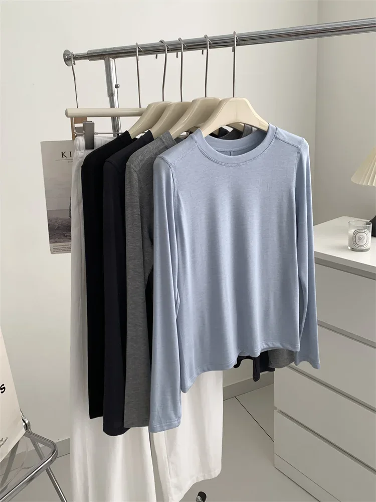 Silk Wool Splice Long Sleeve T-shirt Women Spring Summer Thin Soft Waxy Fit Solid Color Backing Top - Image 25