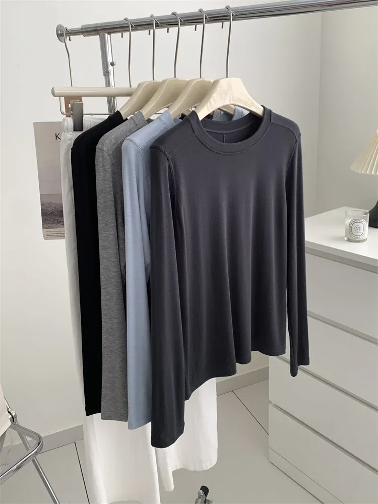 Silk Wool Splice Long Sleeve T-shirt Women Spring Summer Thin Soft Waxy Fit Solid Color Backing Top - Image 26