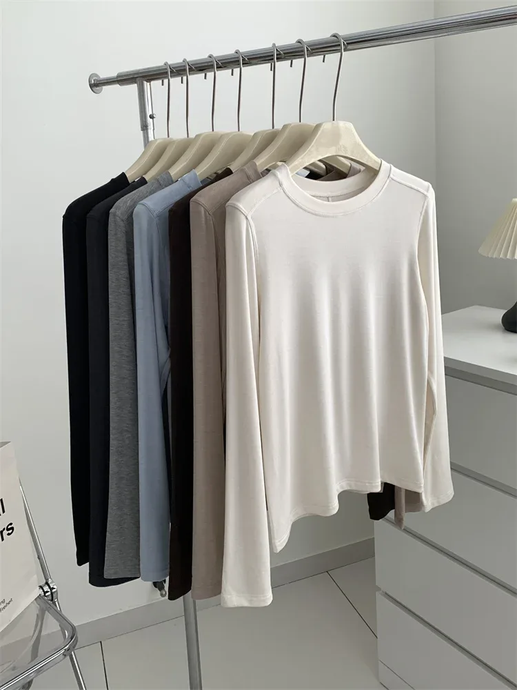 Silk Wool Splice Long Sleeve T-shirt Women Spring Summer Thin Soft Waxy Fit Solid Color Backing Top - Image 3