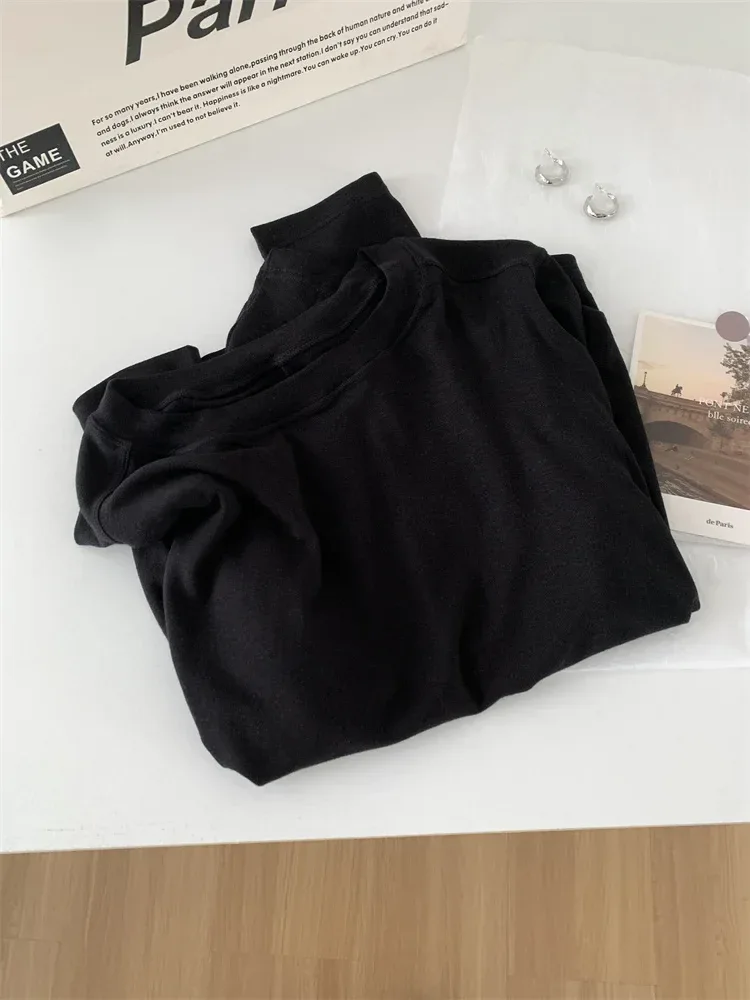 Silk Wool Splice Long Sleeve T-shirt Women Spring Summer Thin Soft Waxy Fit Solid Color Backing Top - Image 32
