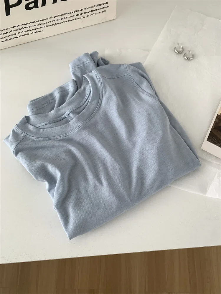 Silk Wool Splice Long Sleeve T-shirt Women Spring Summer Thin Soft Waxy Fit Solid Color Backing Top - Image 33