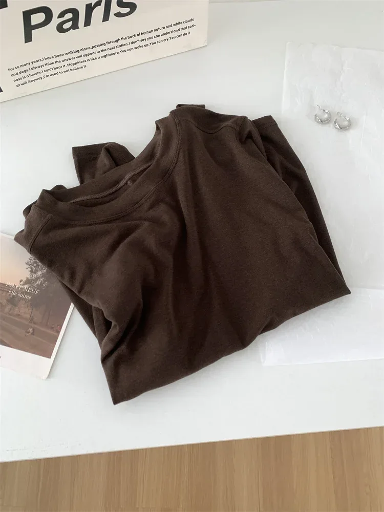 Silk Wool Splice Long Sleeve T-shirt Women Spring Summer Thin Soft Waxy Fit Solid Color Backing Top - Image 34