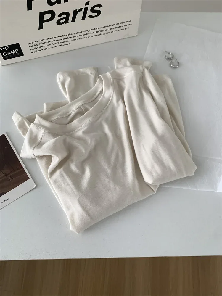 Silk Wool Splice Long Sleeve T-shirt Women Spring Summer Thin Soft Waxy Fit Solid Color Backing Top - Image 35